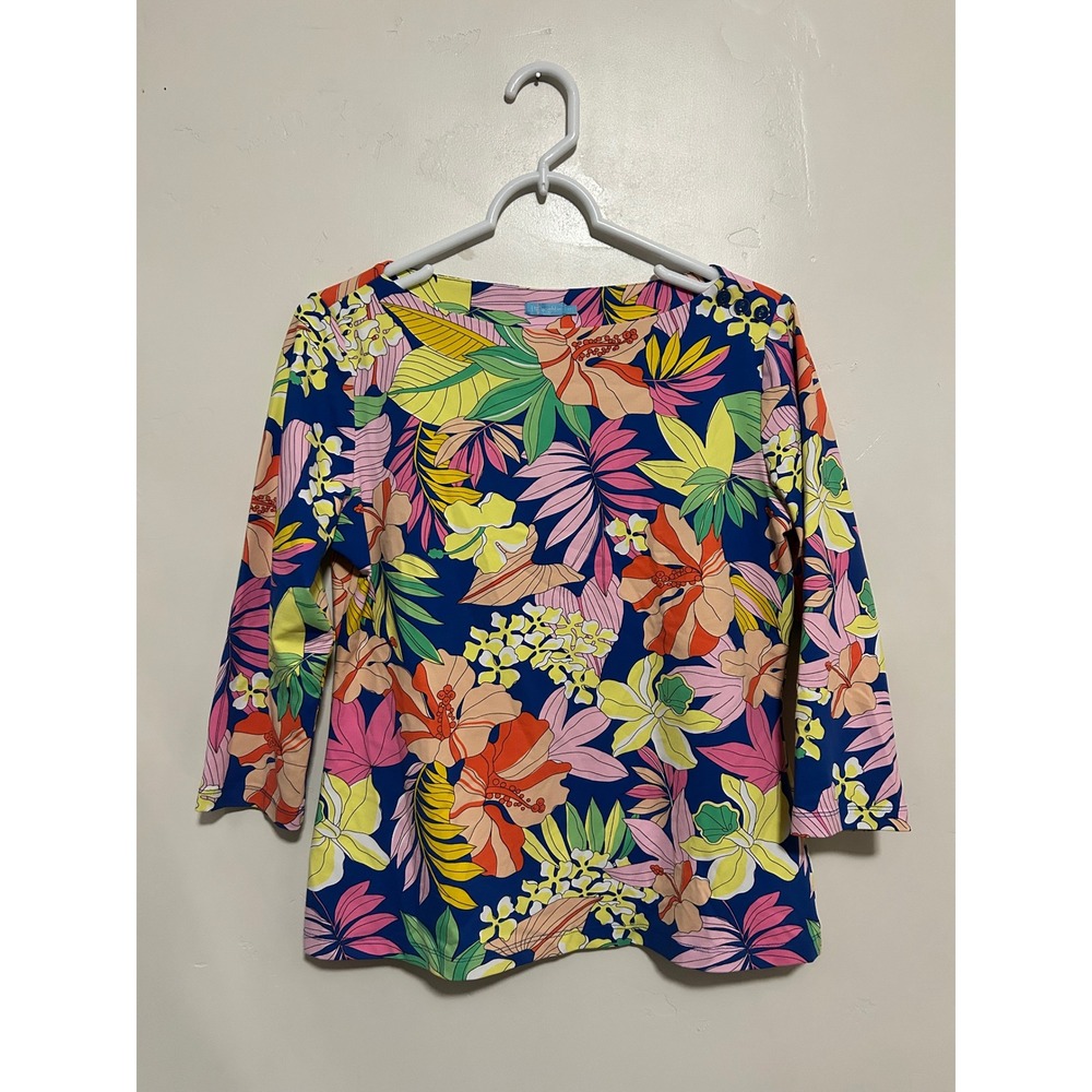 J. McLaughlin Medium Tropical Floral Boatneck 3/4 Sleeve Shoulder Button Top
